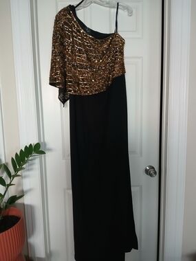 Adrianna Papell Black One-Shoulder Maxi Dress with Gold Sequin Capelet